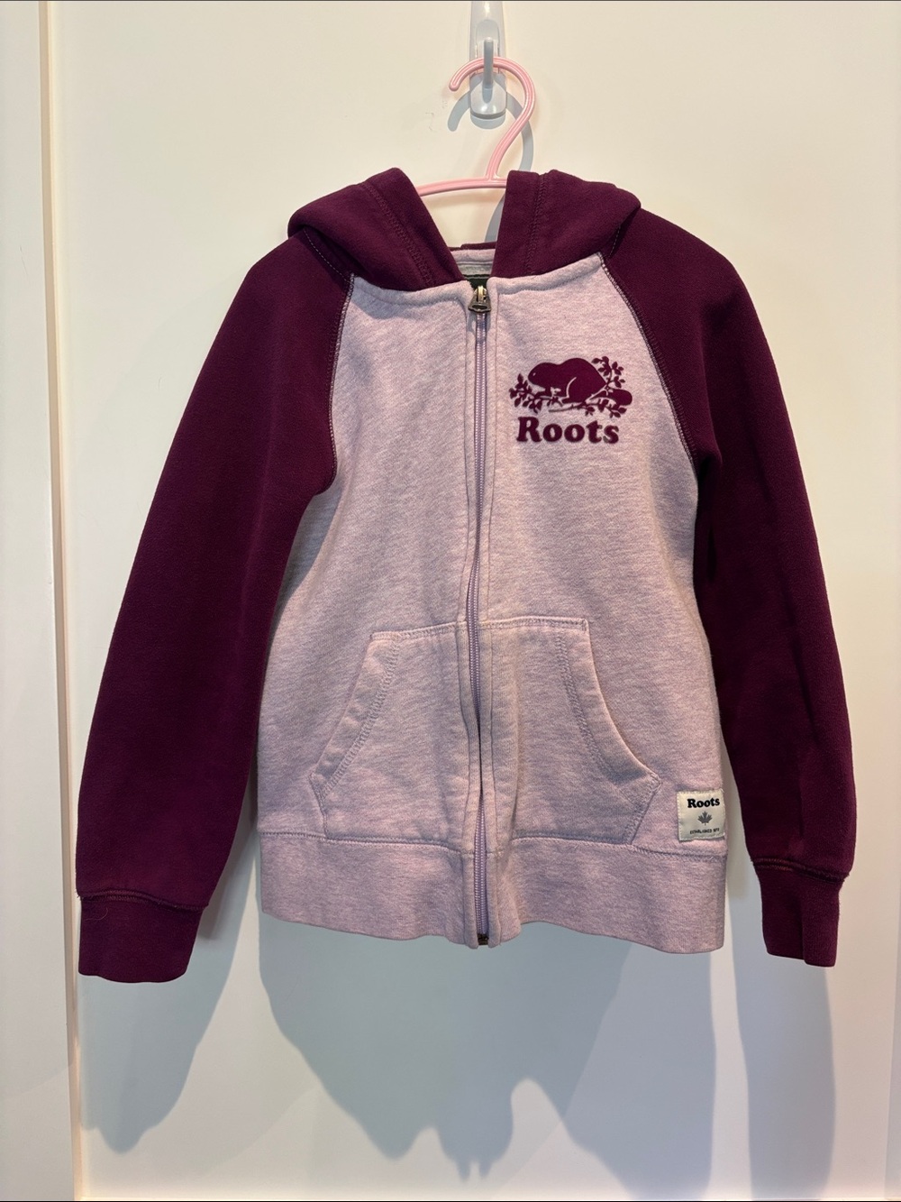 Roots Girls Two-Tone Plum & Lavender Zip Hoodie size 5-6